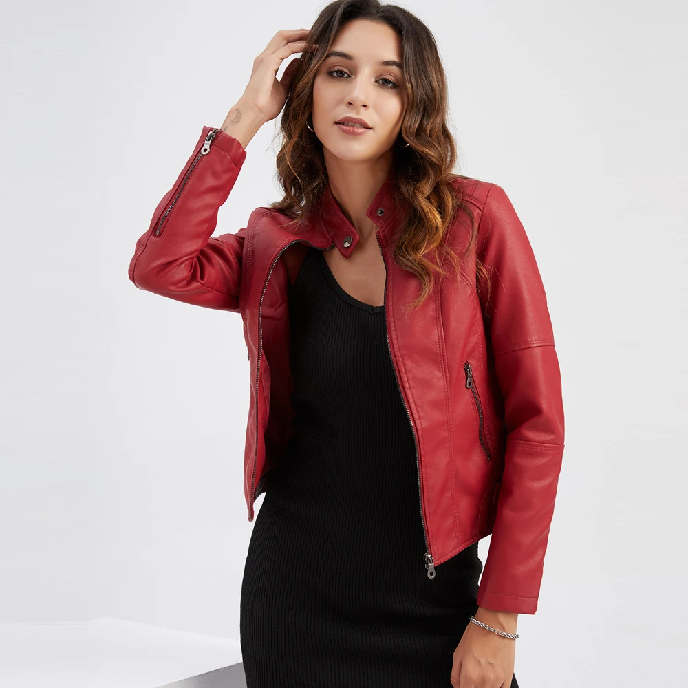 

Fashion Sping Autumn Women Slim Stand Neck Long Sleeve Faux Leather Short Motorcycle Jacket Female Zipper Outerwear