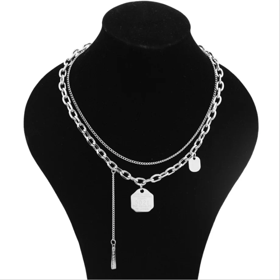 

New Arrival Letter Square Piece Tassel Double-layer Necklace, Stainless Steel Stacked Two-layer Sexy Clavicle Chain