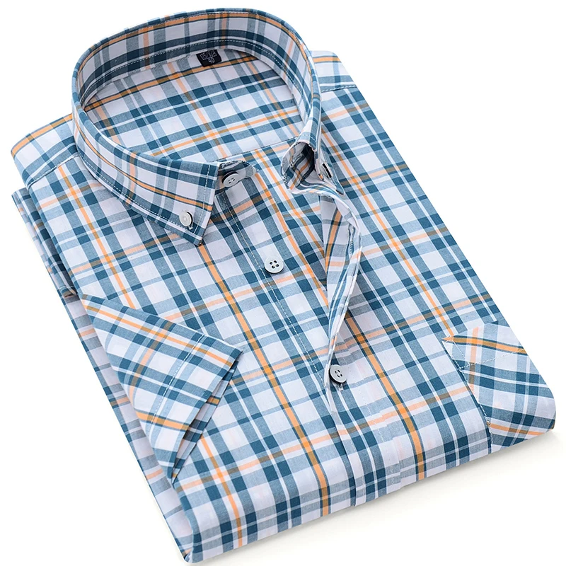 Мужская рубашка Повседневная с коротким рукавом 100% хлопок в клетку полоску