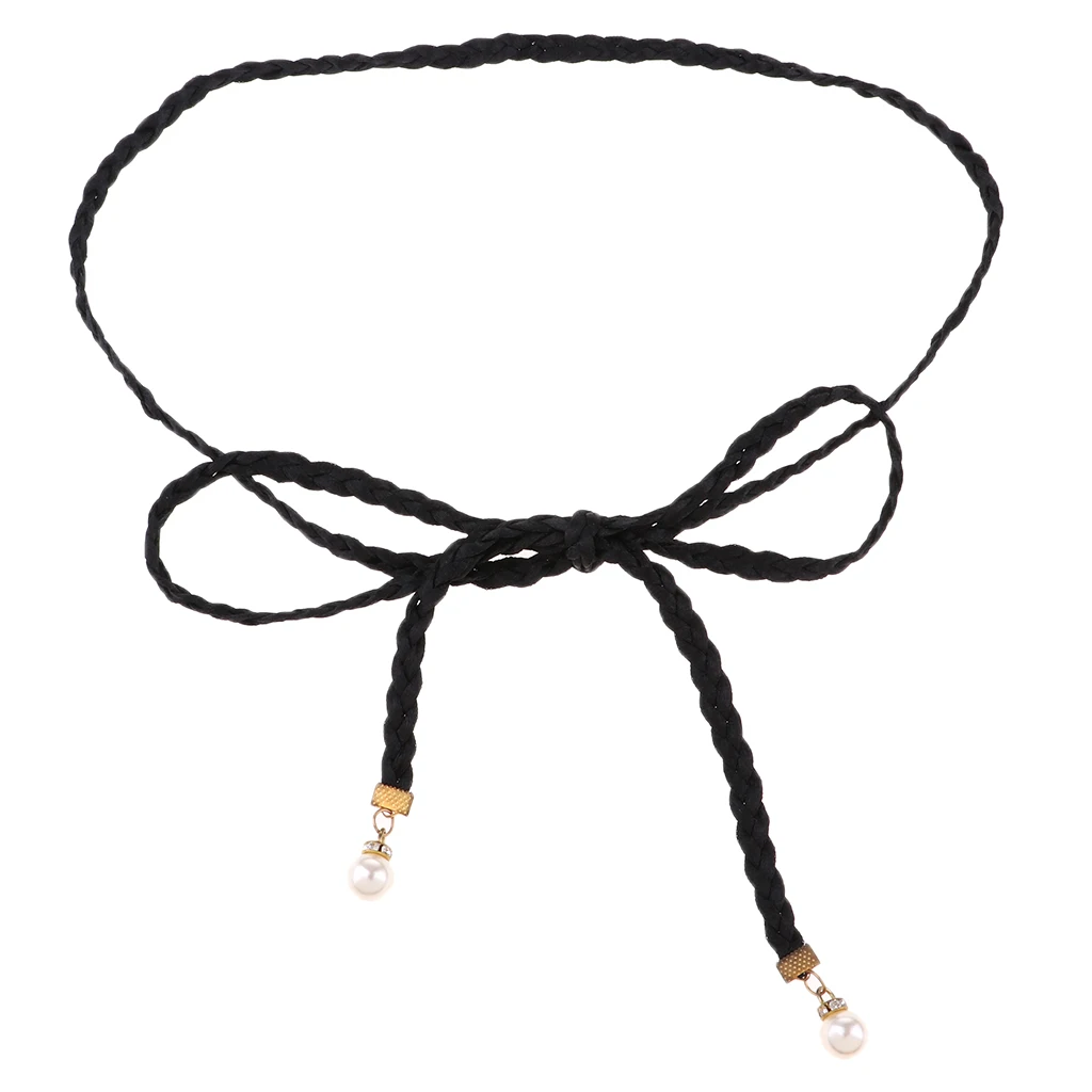 

Lady Women Skinny Braided Leather Pearl Pendant Belt Dress Thin Waistband