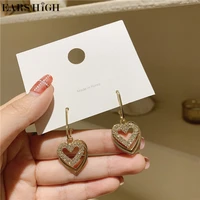 ears high korean elegant micro paved zircon double heart drop earrings for women girls metal long pendientes party jewelry