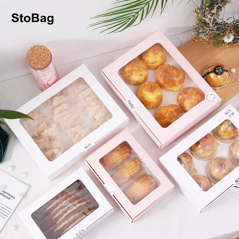 

StoBag 10pcs Baking Cookies Packaging Box With Clear Windower Handmade Puffs Egg Yolk Crisp Birthday Party Chocolate Favors
