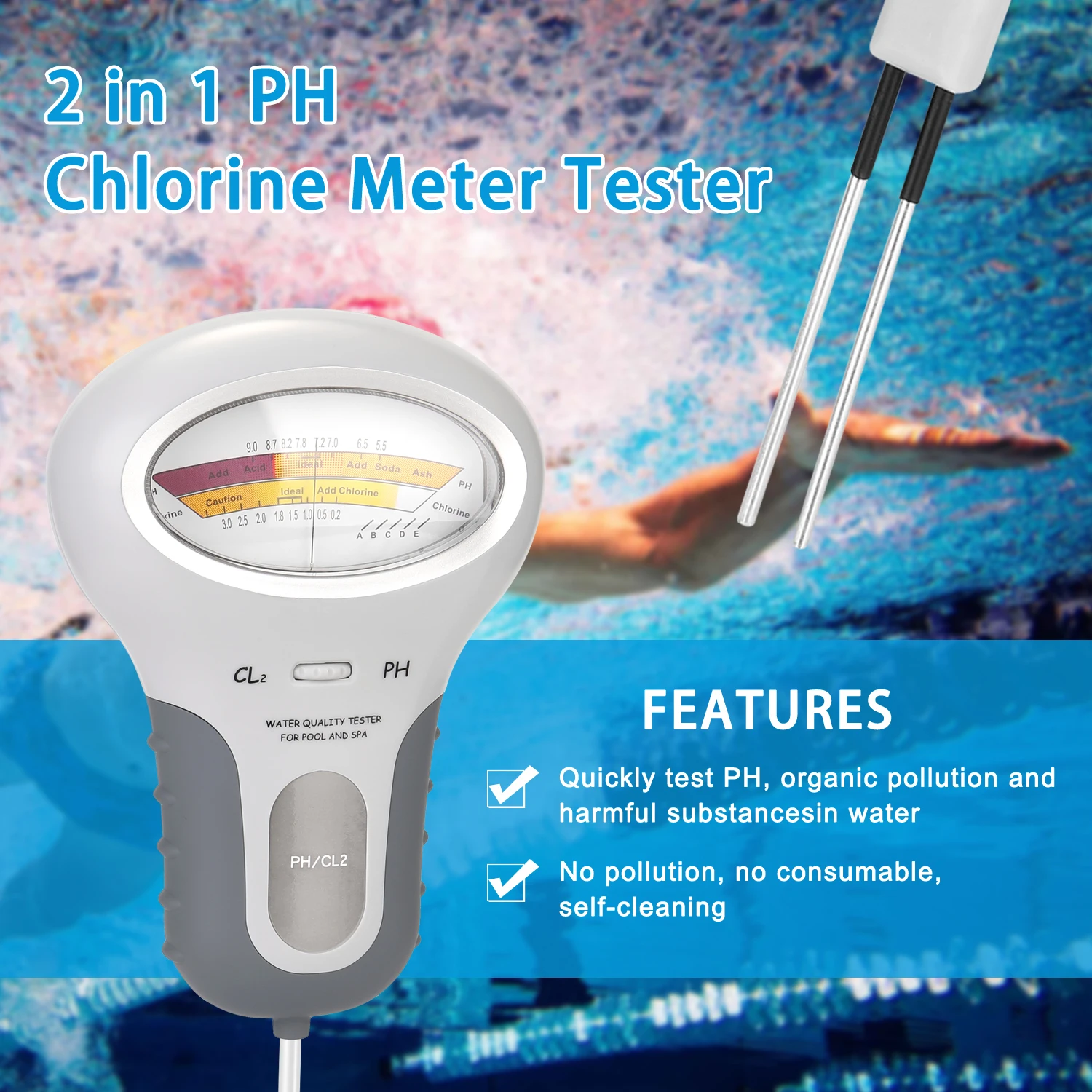 Измеритель уровня хлора KKMOON 2 в 1 тестер для определения качества воды и