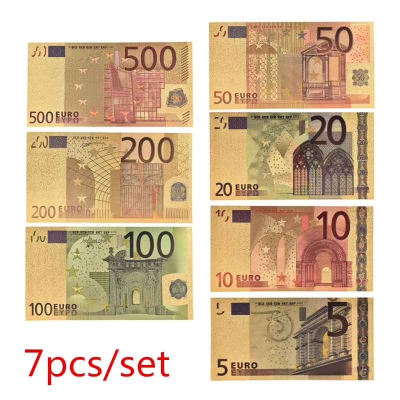 7pcs 5 10 20 50 100 200 500 EUR Gold Banknotes in 24K Gold Fake Paper Money for Collection Euro Banknote Sets hot sale