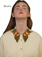 2022 winter women vintage peach green leaves embroidery collar shirt