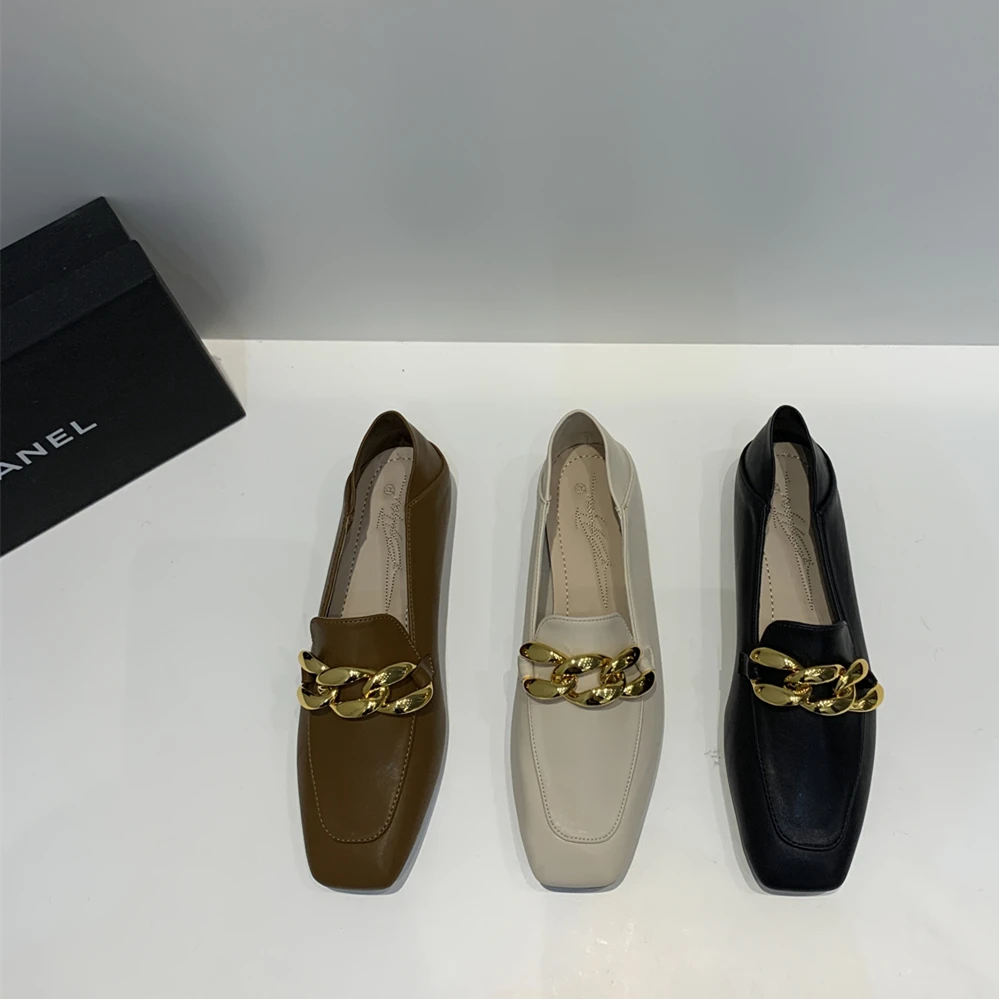 

Bailamos Women Flats Autumn All-Match Female Footwear Modis Square Toe Fall Dress Shoes Slip-On PU Fashion Flat Solid Metal Loaf