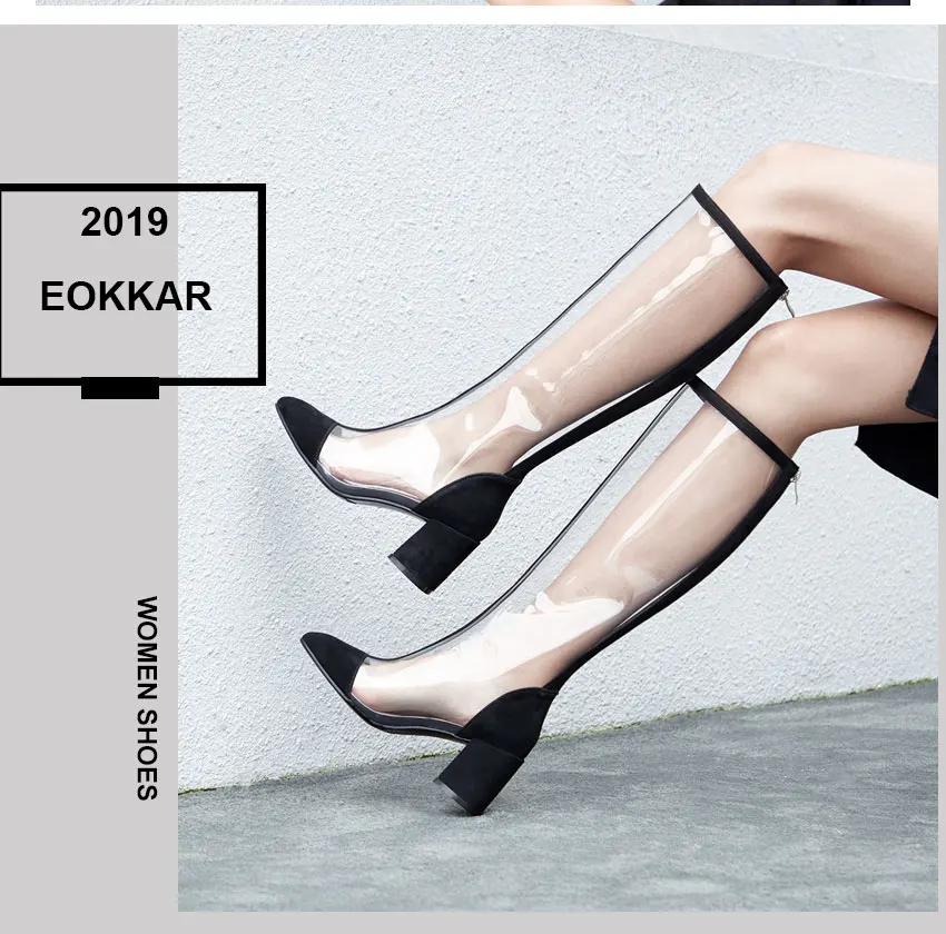 Eokkar/ г. Женские сапоги до колена прозрачные дождевые ботинки мягкие Универсальные женские сапоги на молнии с квадратным носком Большие размеры 34-41