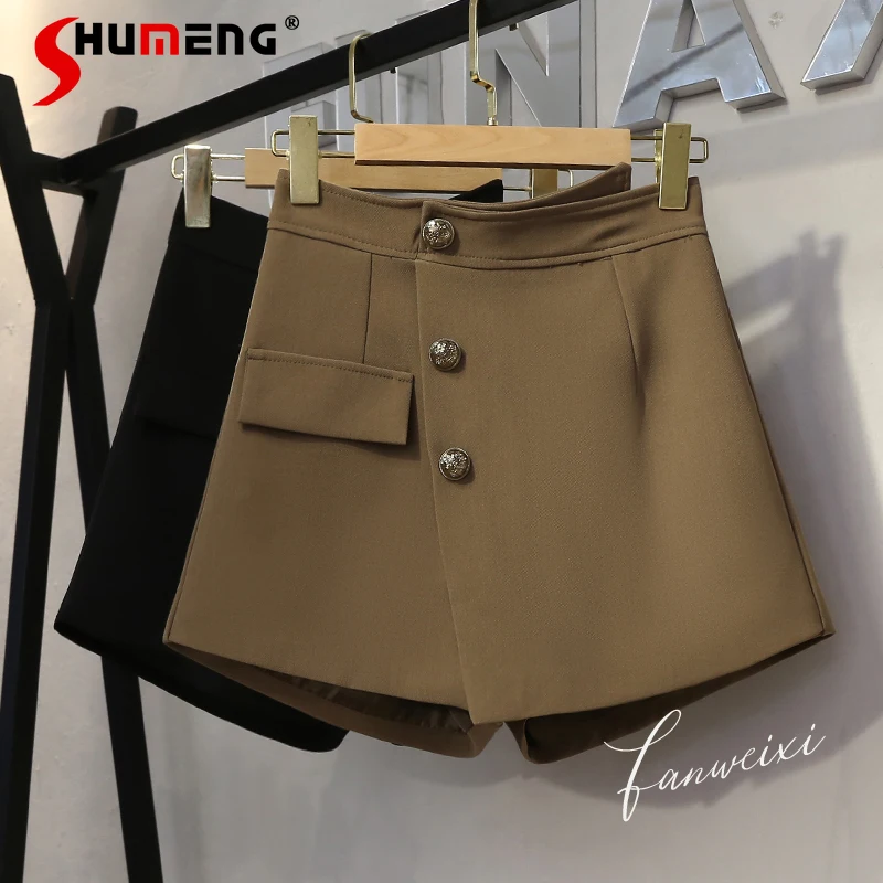 

2021 Autumn New High Waist Slimming Loose Casual Shorts for Women Fastener Decoration Irregular A- line Wide Leg Shorts Ladies