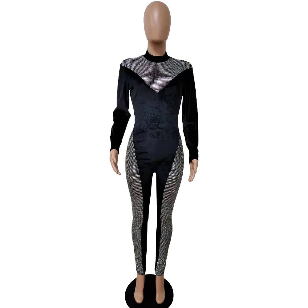 

2021 Spring Women Jumpsuit Sheer Mesh Color Patchwork Sportswear Bodycon Skinny Long Rompers Womens Jumpsuit Outfit