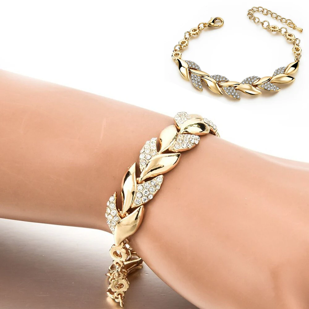 

Bohemian Style Women Girls Gold Bracelet Rhinestone Leaves Chain Bangle Luxury Wedding Jewelry Simple Fashion Elegant New