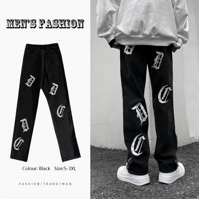 

Джинсы мужские с вышивкой надписью, свободные прямые штаны в стиле High Street, на молнии сбоку, брюки в американском ретро стиле, модная уличная ...