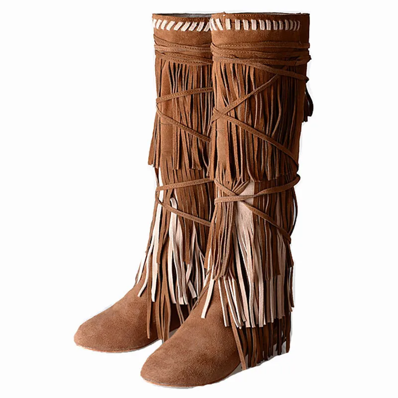 Женские сапоги до колена с бахромой Замшевые женские визуально увеличивающие