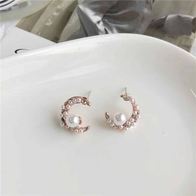 Женские серьги с имитацией жемчуга гвоздики Луной и стразами бижутерия для