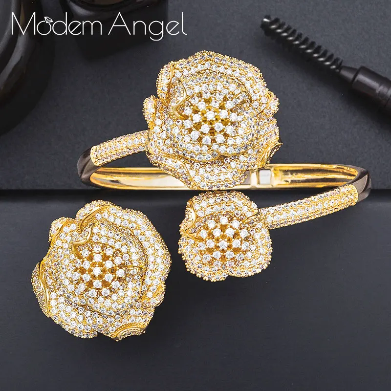 

MoonTree Flower Boom Luxury Trendy Full Mirco Paved Cubic Zirconia Women Bracelet Bangle Ring Set Dress Jewelry Sets