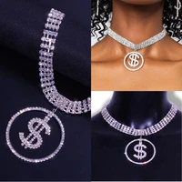 rhinestone multi rows us dollar sign pendant necklace hip hop jewelry for women crystal sexy choker collar necklace accessories
