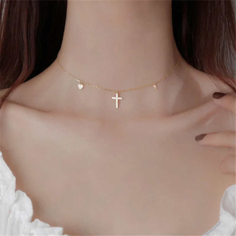 

925 Sterling Silver Crystal Link Chain Cross Heart Charm Pendant Choker Necklace For Women Statement Jewelry dz875