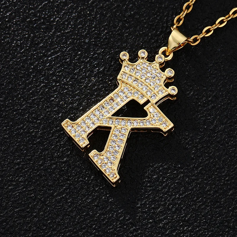 

26pcs/sets CZ Crown Necklace A-Z Initial Letters Charm Necklaces Women Men Punk Jewelry Gold Ketting Hip Hop Bijoux Collier