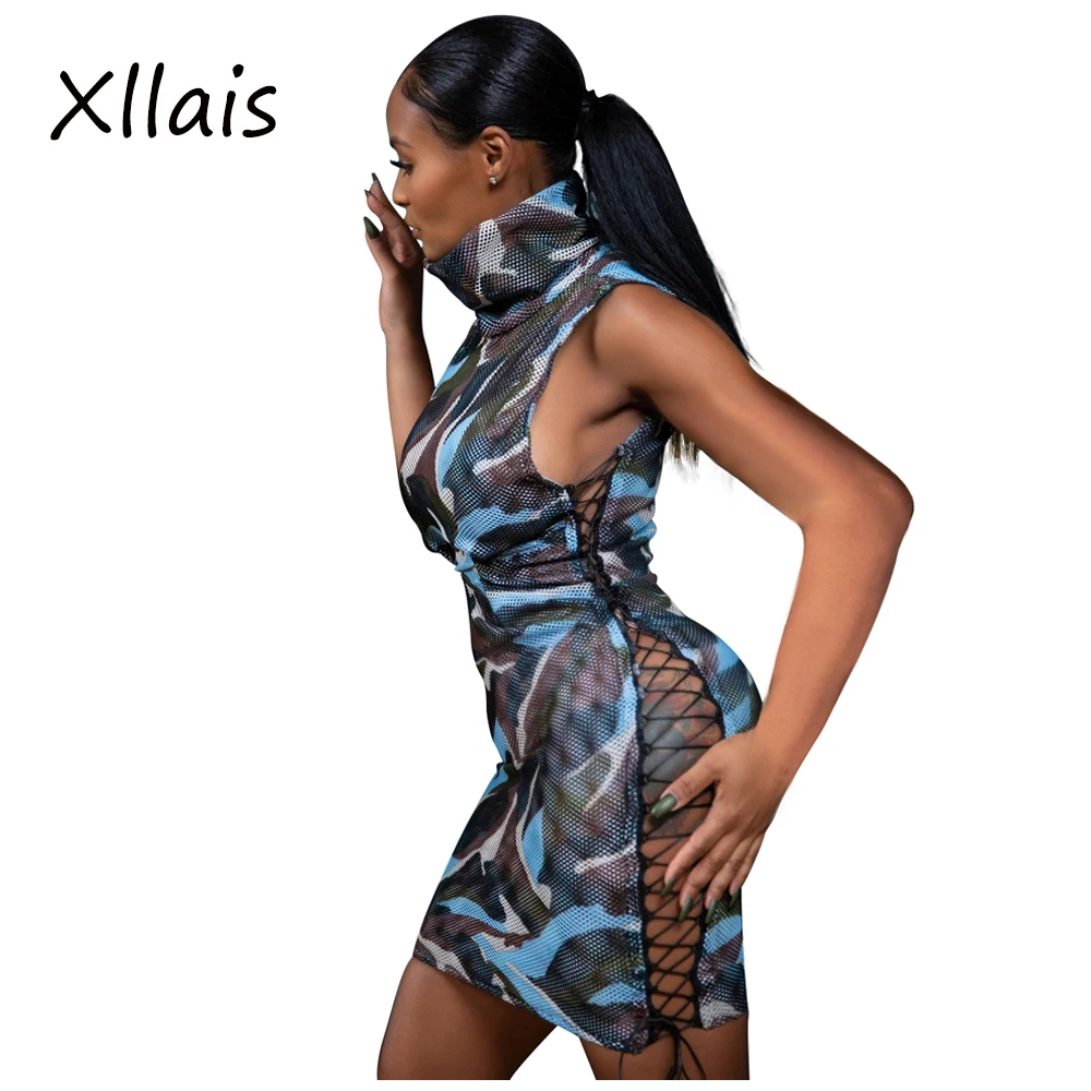 

XLLAIS камуфляжное Сетчатое Бандажное платье, женское сексуальное облегающее платье без рукавов, женские летние праздничные Клубные наряды