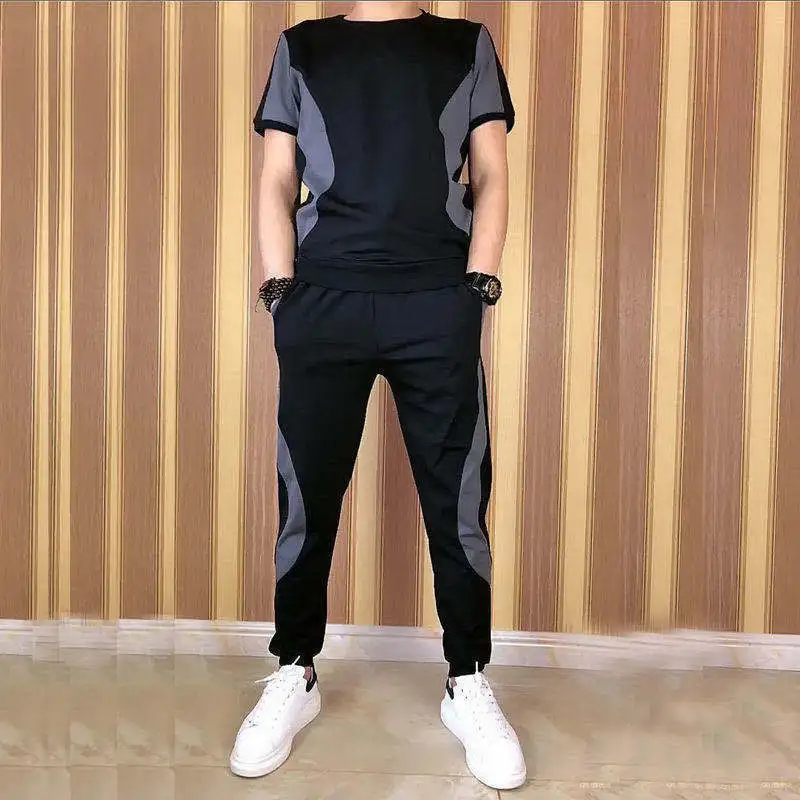 

Summer New Clothes Men's Shake Tone Classic Sports Suit Men's Fashion Joker Splicing Half Sleeve Pants Suit Trend