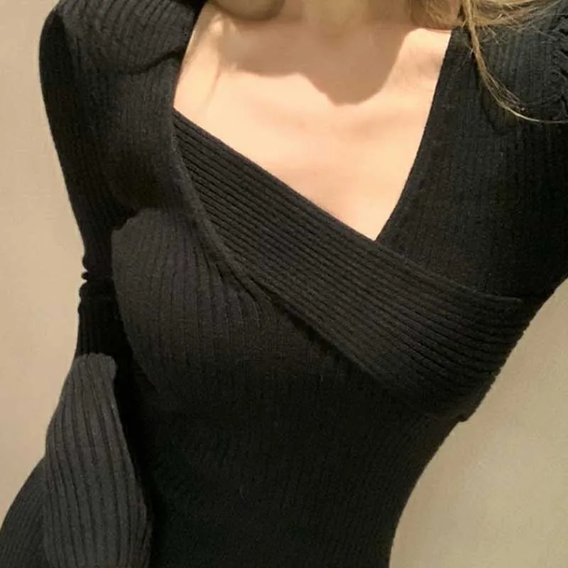 

One-Piece Dresses Korean Elegant Ladies Slim Knitted Sweater Dress 2020 Autumn Winter Women'S Long Sleeve Knitt Dress Midi Dress