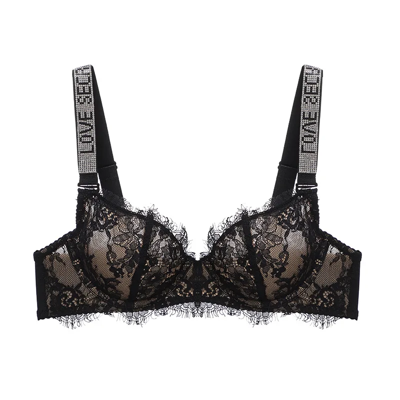 

Women's Bra Set Lace Sexy Underwear Diamond Letter Shoulder Strap Steel Ring Gather Large Chest Show Small Ultra-Thin Bra Set