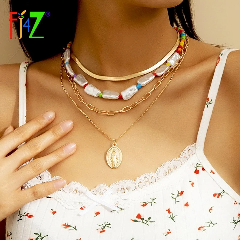 

F.J4Z 2021 Trend Women's Collar Necklaces Baroque Irregular Pearl Beads Cuban Chains Coin Pendant Statement Necklace Snake Chain