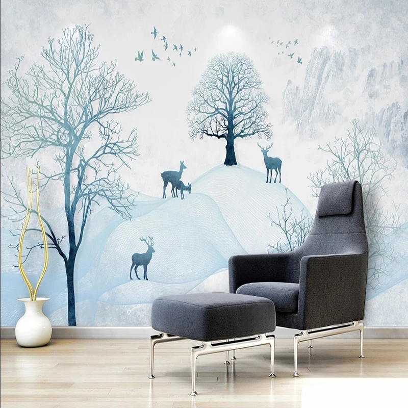 

Customized Size 3D Mural Wall Paper Simple Line Big Tree And Elk Wall Painting For Living Room TV Backdrop Non-woven Wallpaper