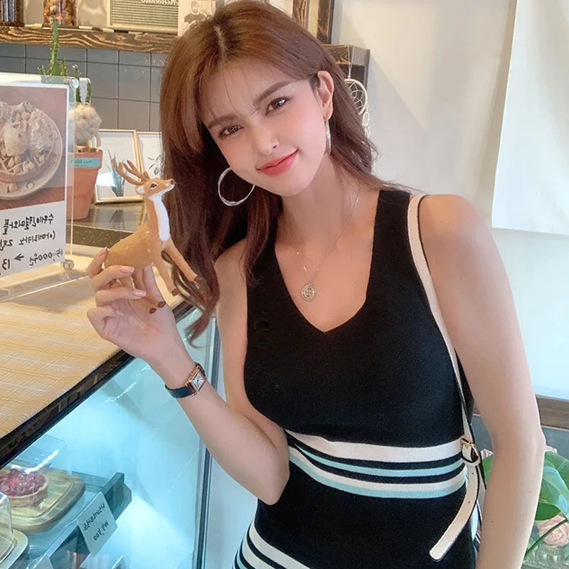 

Korean Women's Summer New Style Slim Sexy V-Neck Long Striped Sling Split-Knit Dress Office Lady
