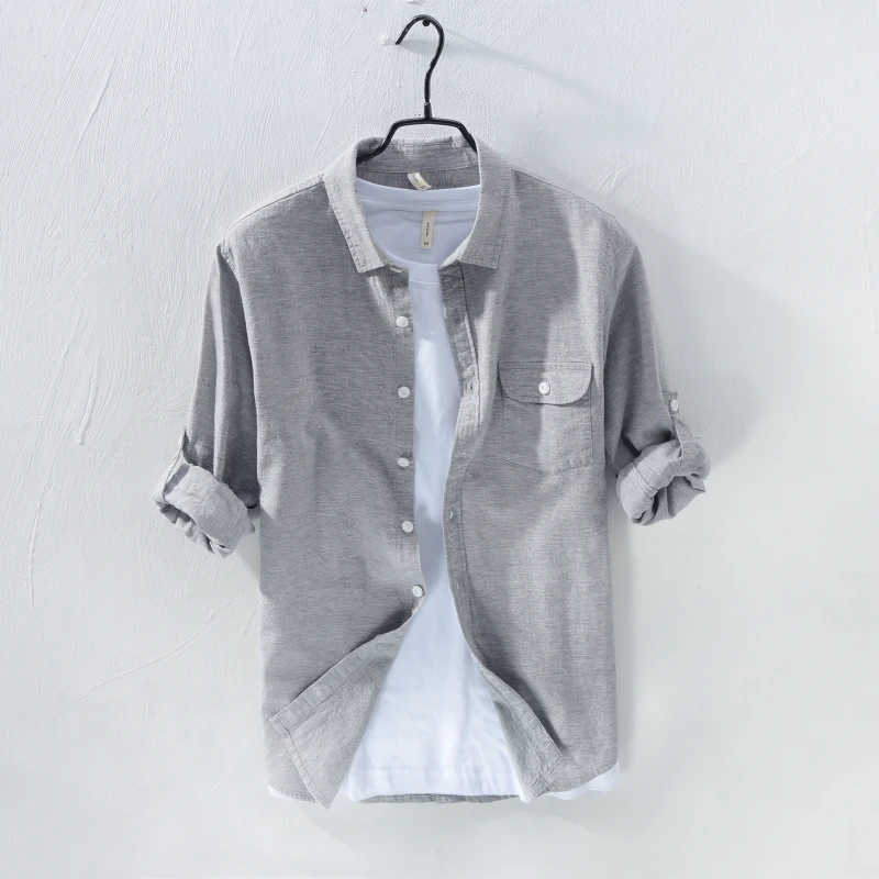 Брендовые рубашки из смешанного хлопка и льна мужские с длинными рукавами на