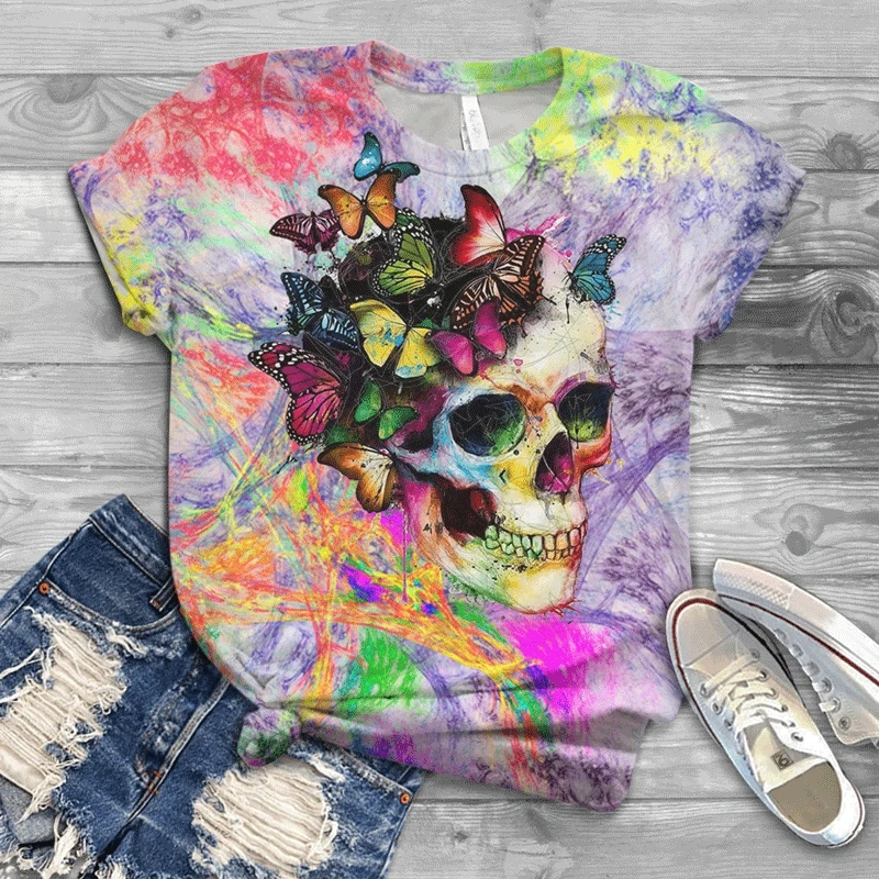 

Color 3D printed women's short-sleeved T-shirt 2021 women's funny skull O-neck casual top