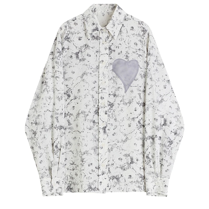 

Women Gray Printed Casual Shirt Women's Oversize New Lapel Long Sleeve Loose Fit Fashion Woman Blouses 2021 Tide Spring Autumn