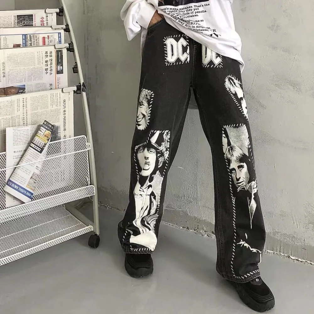 

Hip Hop Jeans Pant Mens Punk Patchwork Rock Band Print Oversize Wide Leg Patch Harajuku Vintage Fashion Trousers Couple Skeleto