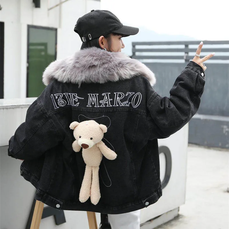 

GCAROL Women Padded Oversized Denim Jacket Faux Fur Collar Cute Bear Decoration Coral Lined Thermal Jacket Plus Size Coat XL