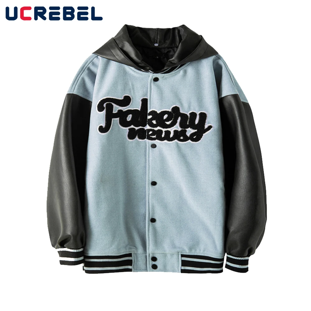 

Contrast Paneled Sleeve PU Jacket Mens Letter Embroidery Hoodies Baseball Jacket Autumn Casual Removable Hat Outerwear Men