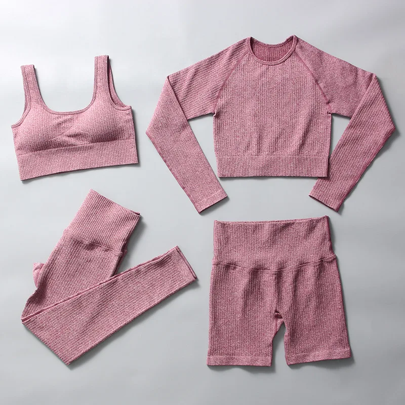 

Женский комплект для йоги в рубчик, спортивный бюстгальтер, короткий топ с длинным рукавом, леггинсы для тренажерного зала, шорты для йоги, о...