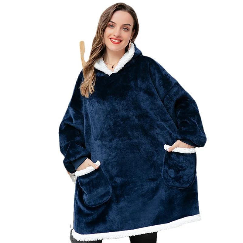 

2021 Winter Oversized Hoodie Sweatshirt Women Blanket with Sleeves Giant TV Blanket Sherpa Fleece Hoodies Bathrobe