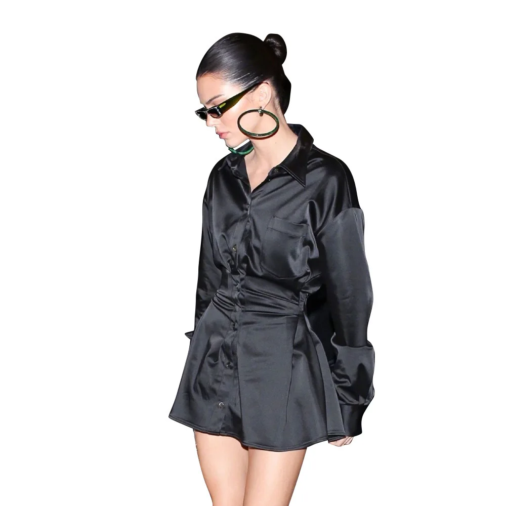 

Women's Long Sleeve Lapel Vertical Buckle Pocket Stitching Slim Dresses Elegant Casual Dress