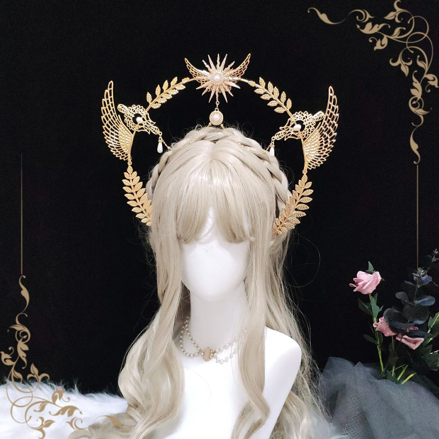 

Virgin Mary Halo Bride Crown Bead Chain Baroque Tiara Headwear Lolita Vintage Headband Angel Gold Halo Goddess Headpiece