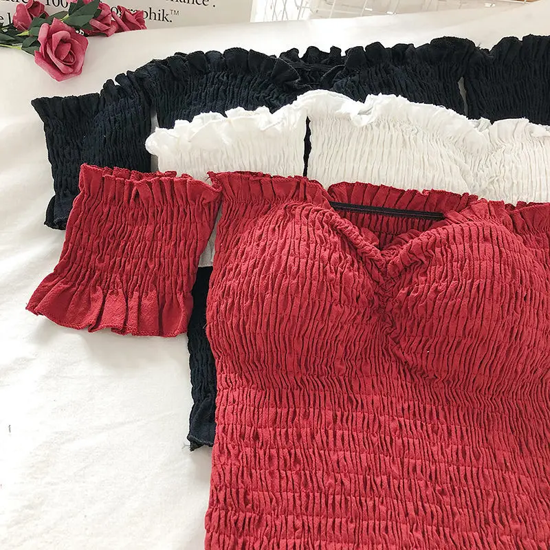 

Sexy Wooden Ear Side Word Collar Strapless Chest Pad Pleated Crop Top Summer