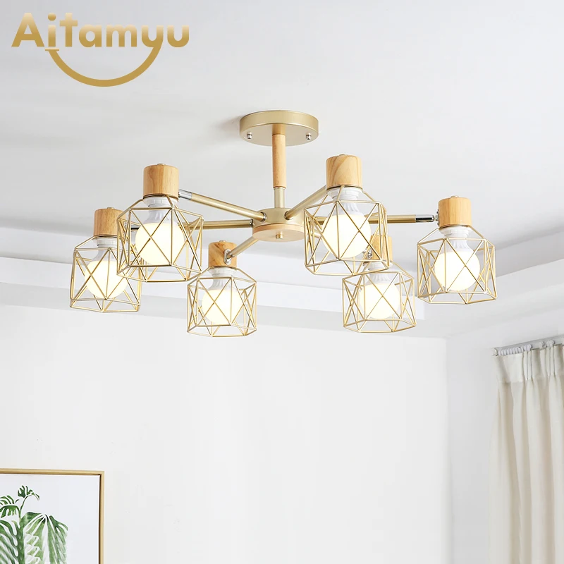 Блестящая деревянная люстра для Железный Абажур гостиной светодиодный Люстра