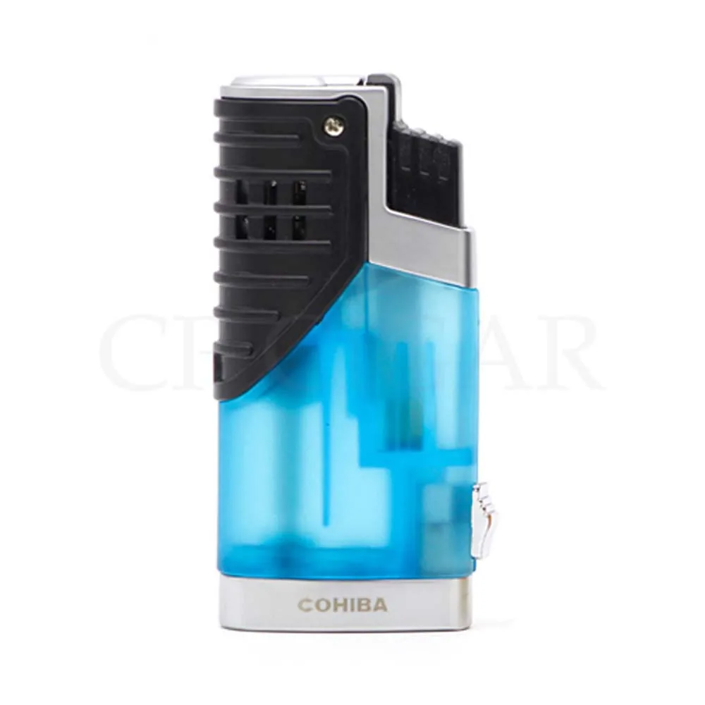 COHIBA сигарные гаджеты Пластиковые зажигалки бутан многоразовая Зажигалка для сигар ветрозащитная карманная сигарета газовая зажигалка W/Подарочная коробка - Цвет: BLUE