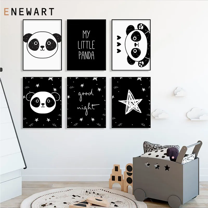 

Minimalist Nursery Wall Art Canvas Painting Black White Kawaii Panda Poster Print Nordic Kids Bedroom Decoration Pictures