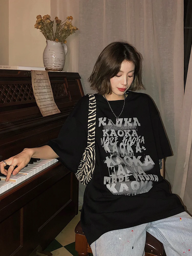 

Black Short Sleeved T-shirt Women 2021 Summer New Loose Minority Personalized Printed T-shirt Round Neck Top