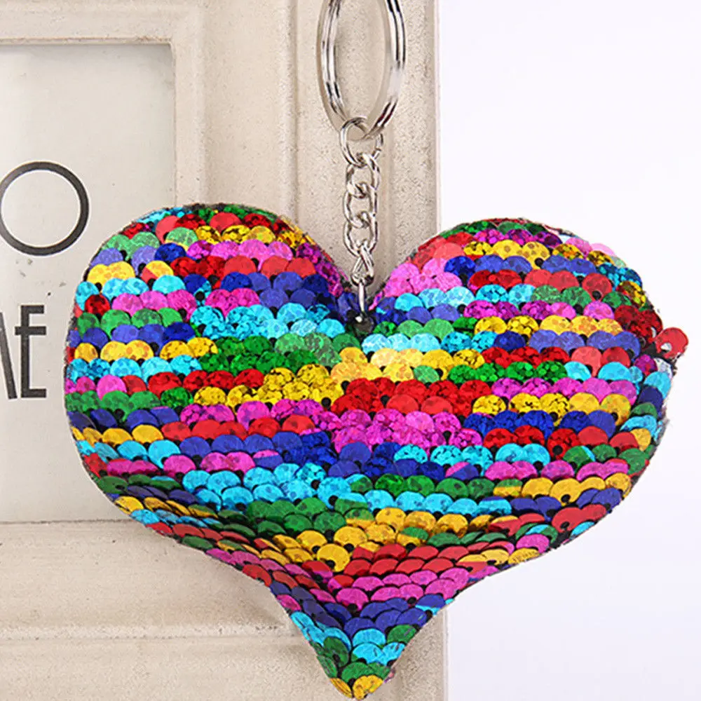 Colorful Heart Блестящее блестящее кольцо для ключей с русалочкой и единорогом, подвесная Елочная игрушка с сердечком, мягкий брелок для ключей, сумка для автомобиля, подвесной брелок - Цвет: Colorful Heart