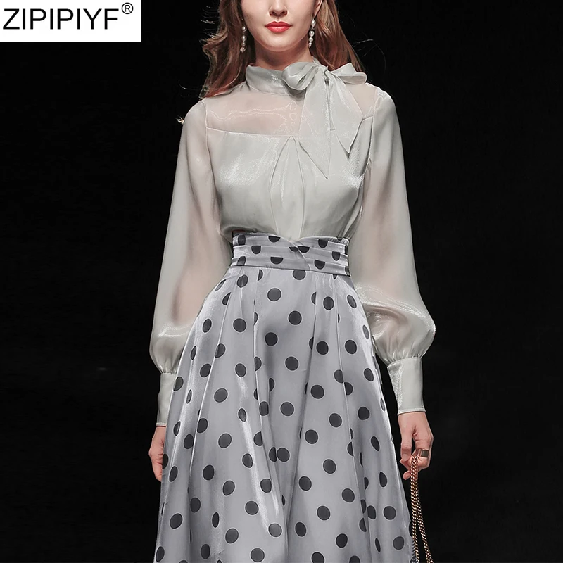 Женский костюм двойка с юбкой модельный из блузки бантом на воротнике и рукавами