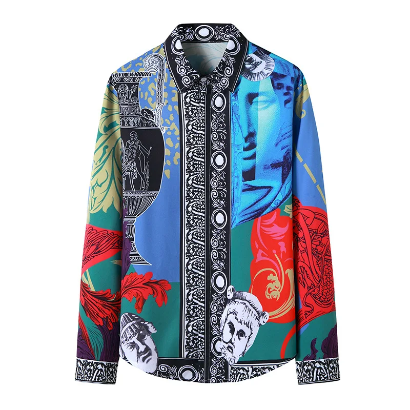 

Retro Print Men's Shirt Slim Fit Streetwear Shirts 2021 Summer New Long Sleeve Casual Slim Fit Shirt Social Party Nightclub Tops