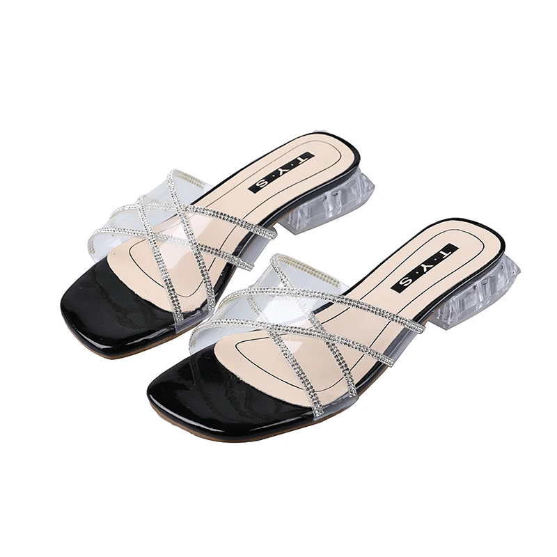 

Women's shoes slippers outdoor 2020 summer new fashion rhinestone transparent open toe mid-heel sandals