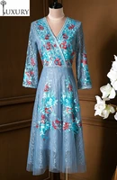 2020 autumn party luxury vestidos special occasion women v neck color block embroidery 34 sleeve a line royal blue dress