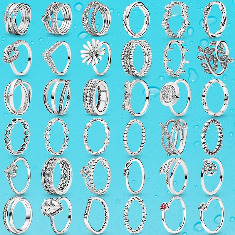 

2021 Trendy Pandora Ring 925 Silver Rings Infinite Flower Sparking Zircon Princess Wishbone Heart Ring Popular Finger Rings