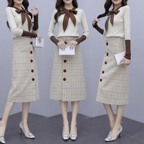 

Goddess Two Piece Set Knitted Sweater 2 Pcs Set Women Skirt Sets Plaid Women's Suit Peter Pan Collar Ensemble Femme Deux Pieces